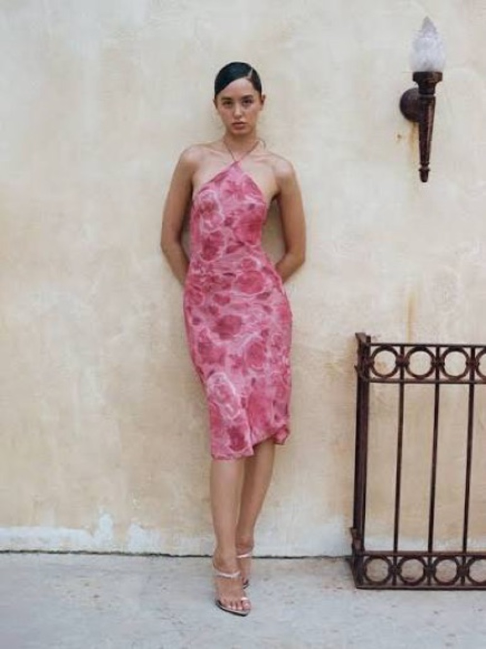 Reformation Par Pink Rose-Print Halter Midi Dress